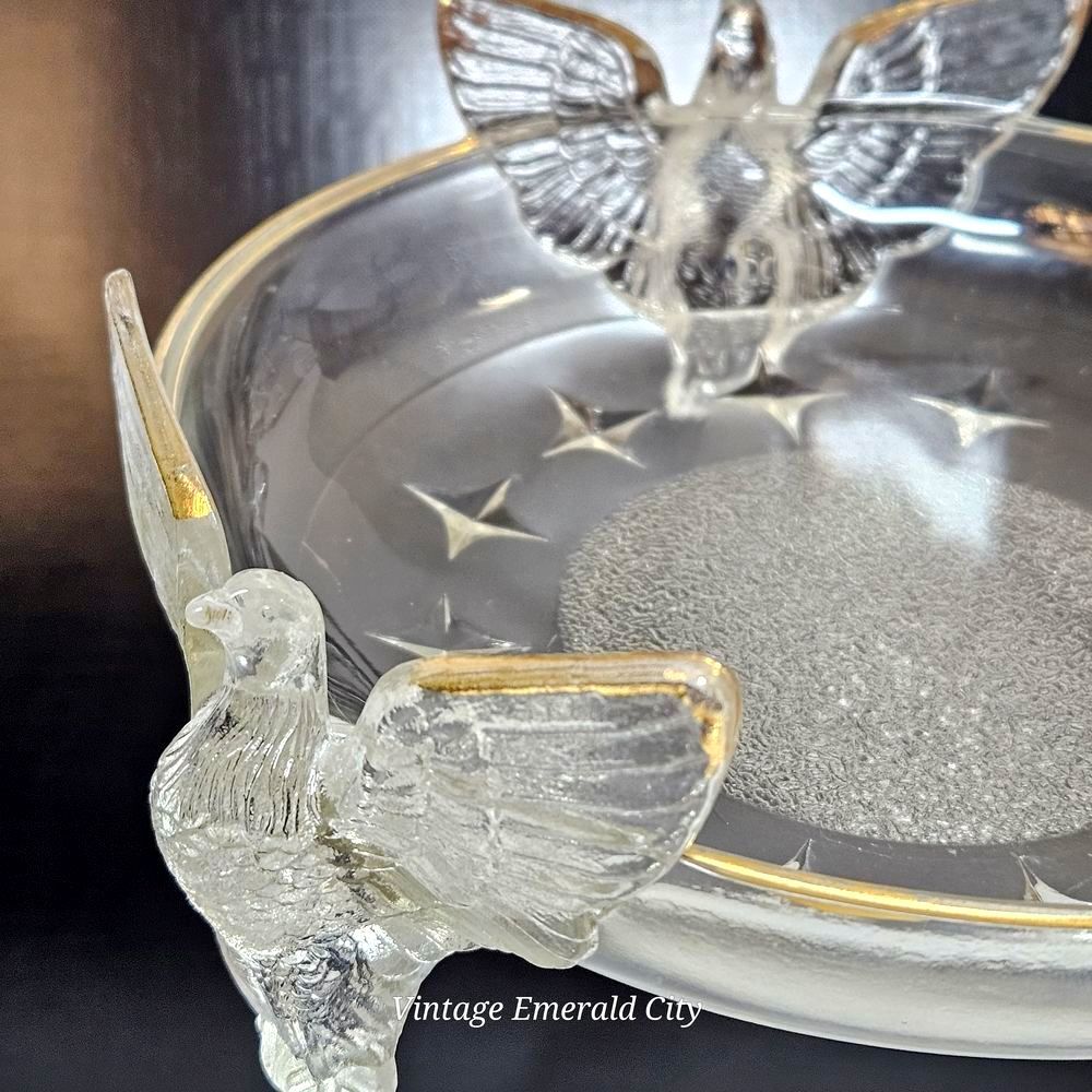 Vtg Jeanette Glass Three Eagle Bird Footed Bowl Candy Dish Gold Trim Catch All